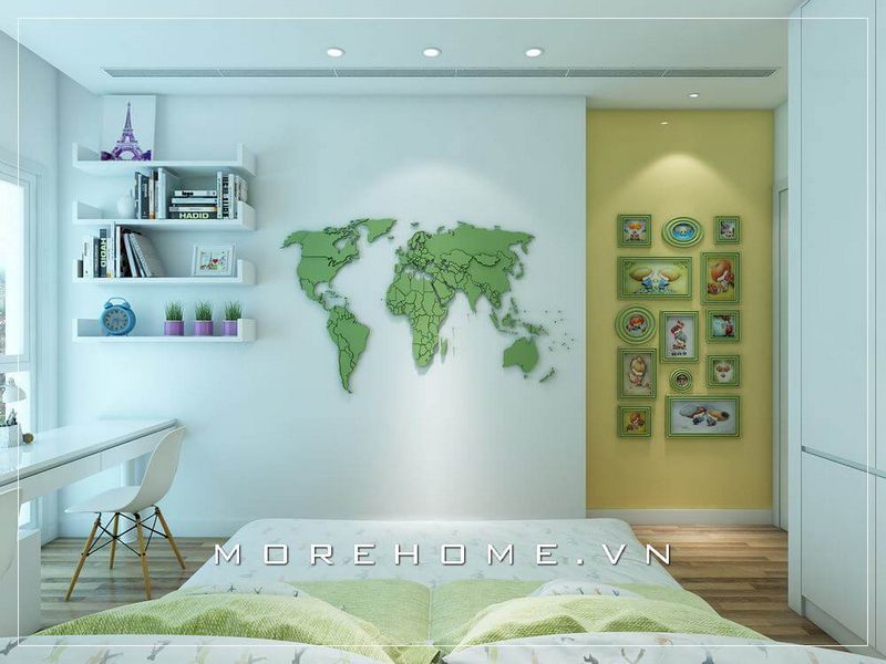 Phòng ngủ con trai có phong cách hiện đại và đầy ấn tượng, bức tường được dán họa tiết bản đồ màu xanh độc đáo, tạo nên sự sinh động.